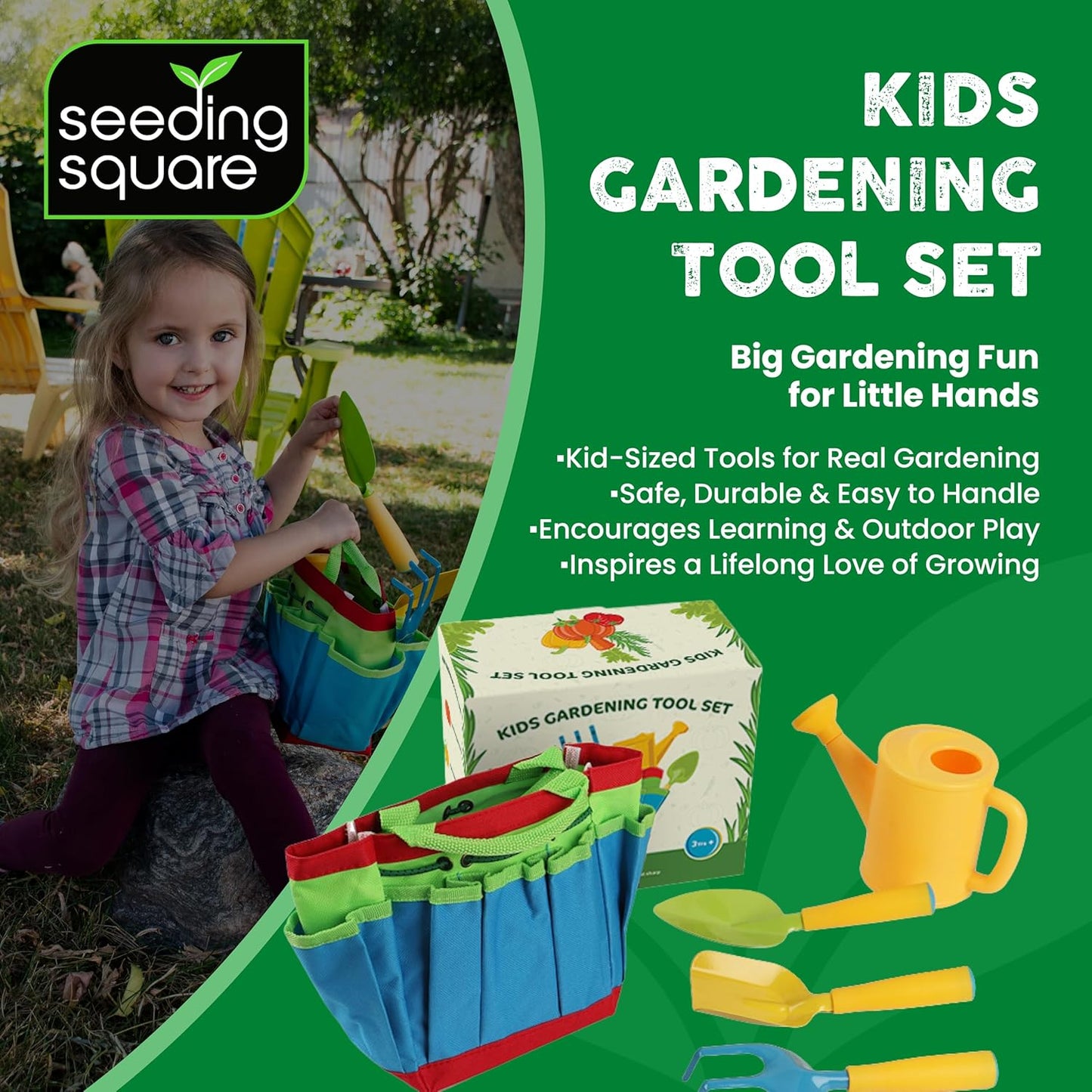 Kids Garden Tool Set – All-in-One Gardening Kit with Trowel, Shovel, Rake, Watering Can & Tote Bag – Durable, Safe & Fun Outdoor Activity for Children Ages 3+