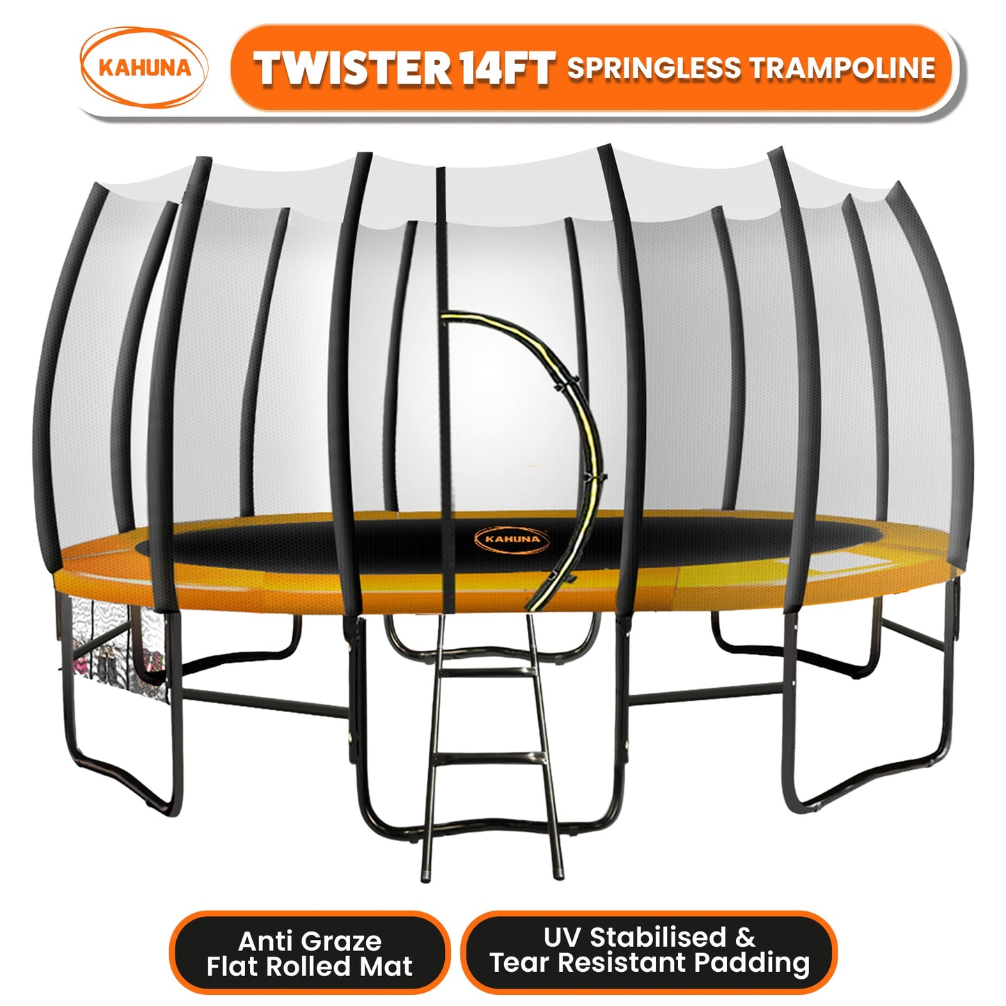 Kahuna Twister 14ft Springless Trampoline Outdoor Kids Safety Net Pad Mat with Basketball Set