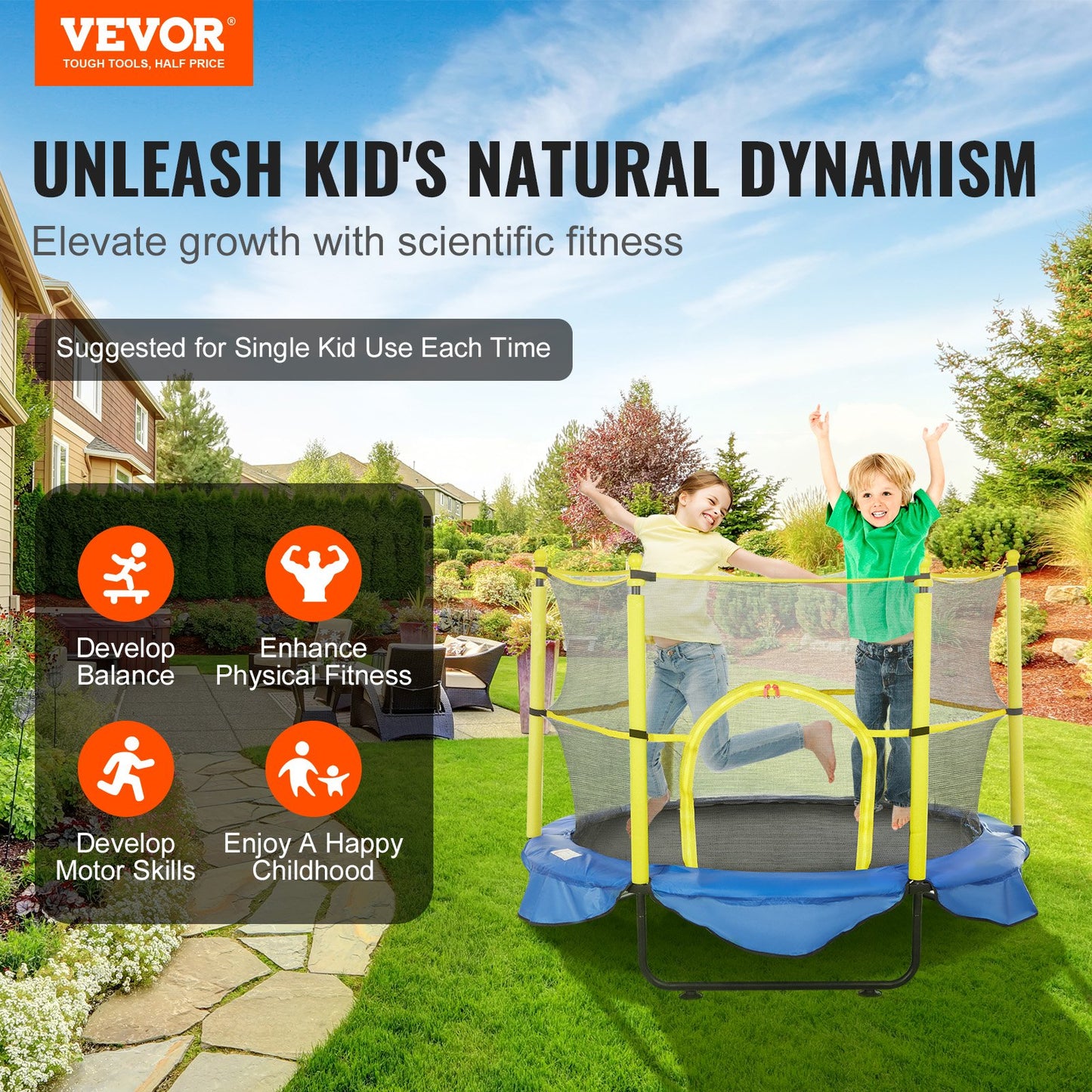 5FT Trampoline for Kids, 60" Indoor Outdoor Trampoline with Safety Enclosure Net, Basketball Hoop and Ocean Balls, Mini Toddler Recreational Trampoline Birthday Gifts for 3+ Years Kids