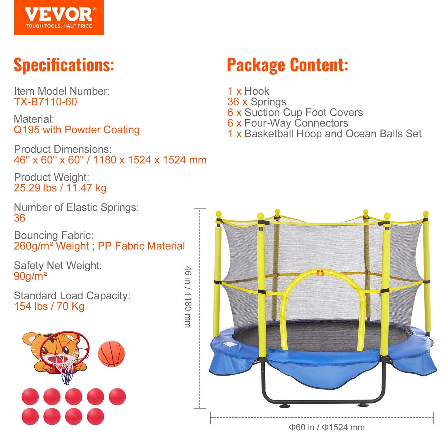 5FT Trampoline for Kids, 60" Indoor Outdoor Trampoline with Safety Enclosure Net, Basketball Hoop and Ocean Balls, Mini Toddler Recreational Trampoline Birthday Gifts for 3+ Years Kids
