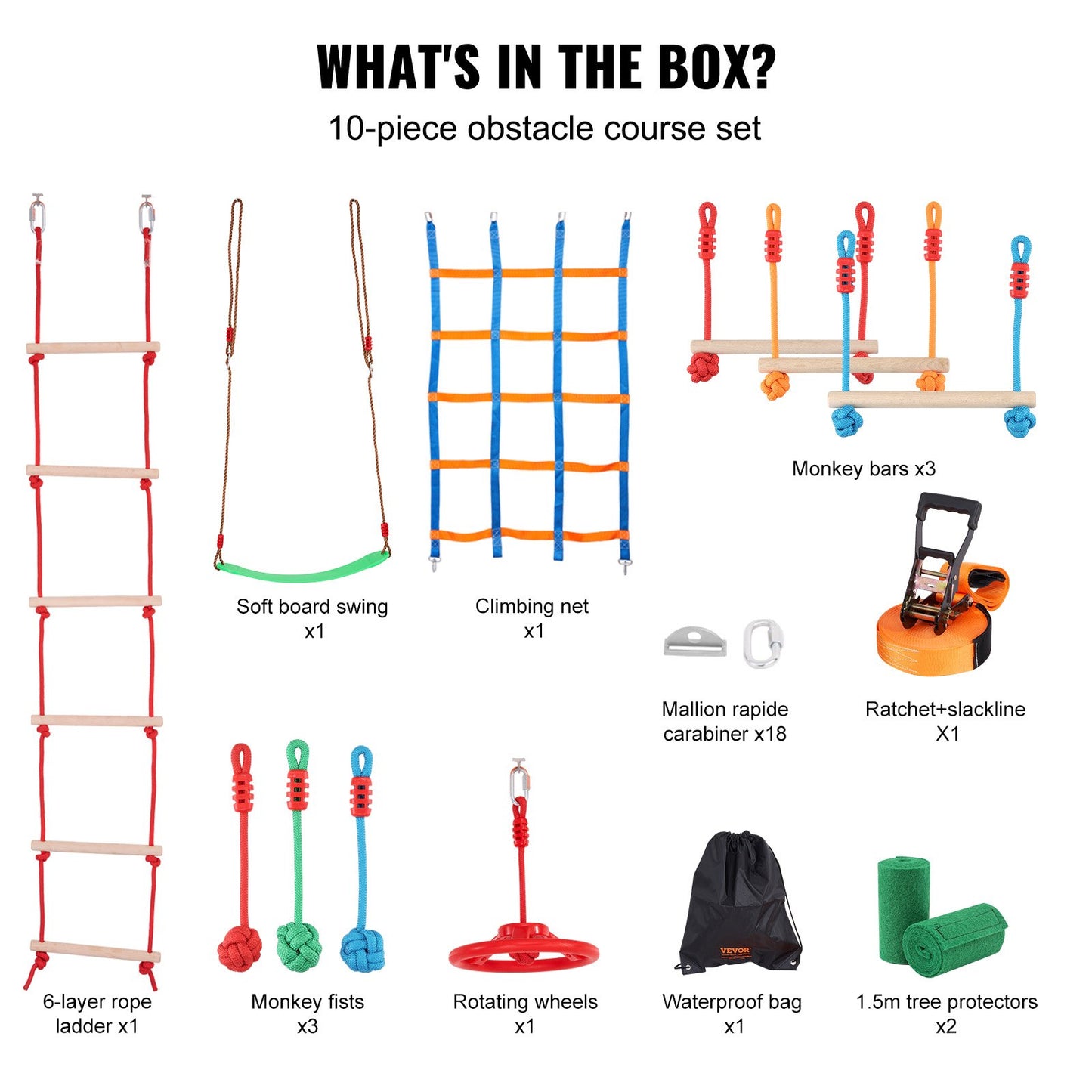Ninja Warrior Obstacle Course for Kids, 15.24 m Weatherproof Slacklines, 500lbs Weight Capacity Monkey Line, Outdoor Playset Equipment, Backyard Toys Training Equipment Set with 10 Obstacles