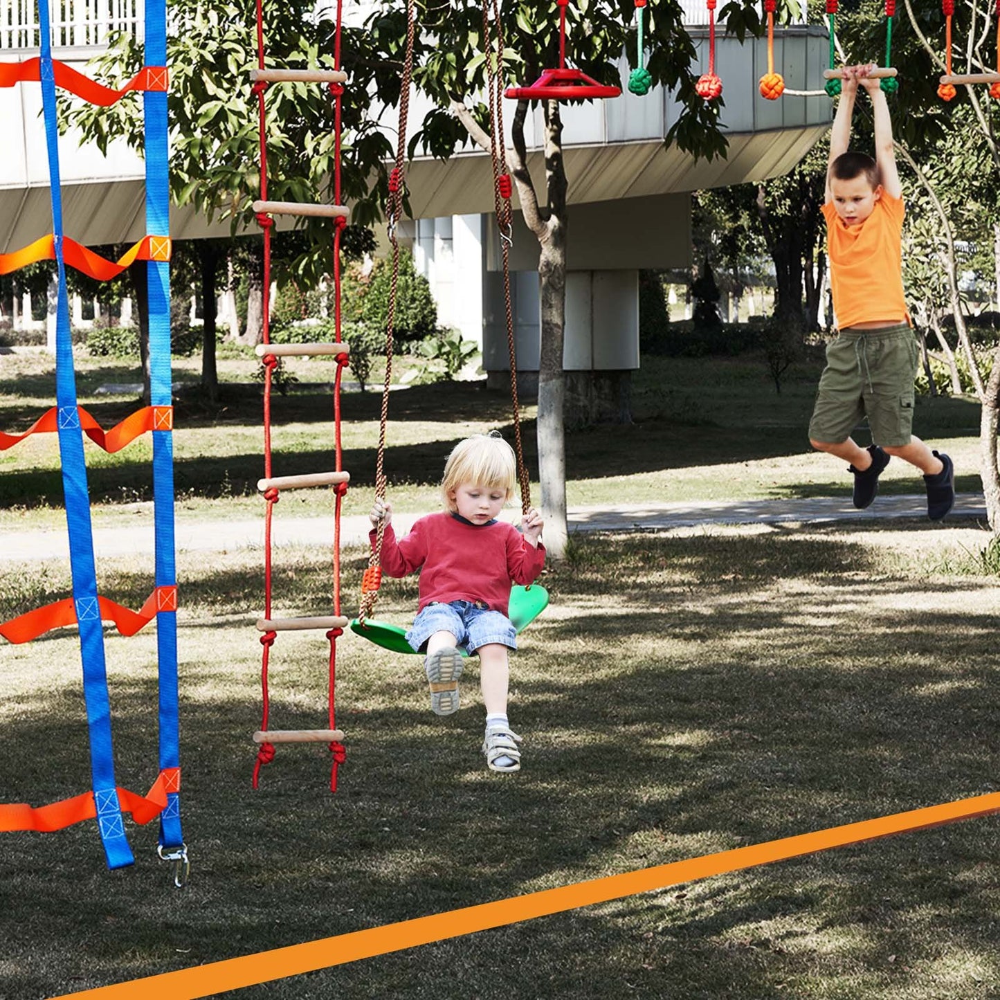 Ninja Warrior Obstacle Course for Kids, 15.24 m Weatherproof Slacklines, 500lbs Weight Capacity Monkey Line, Outdoor Playset Equipment, Backyard Toys Training Equipment Set with 10 Obstacles
