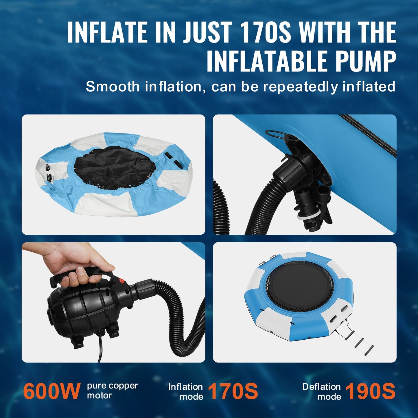 Inflatable Water Bouncer, 10ft Recreational Water Trampoline, Portable Bounce Swim Platform with Slide, 3-Step Ladder & Electric Air Pump, Kid Adult Floating Rebounder for Pool Lake Water Sports