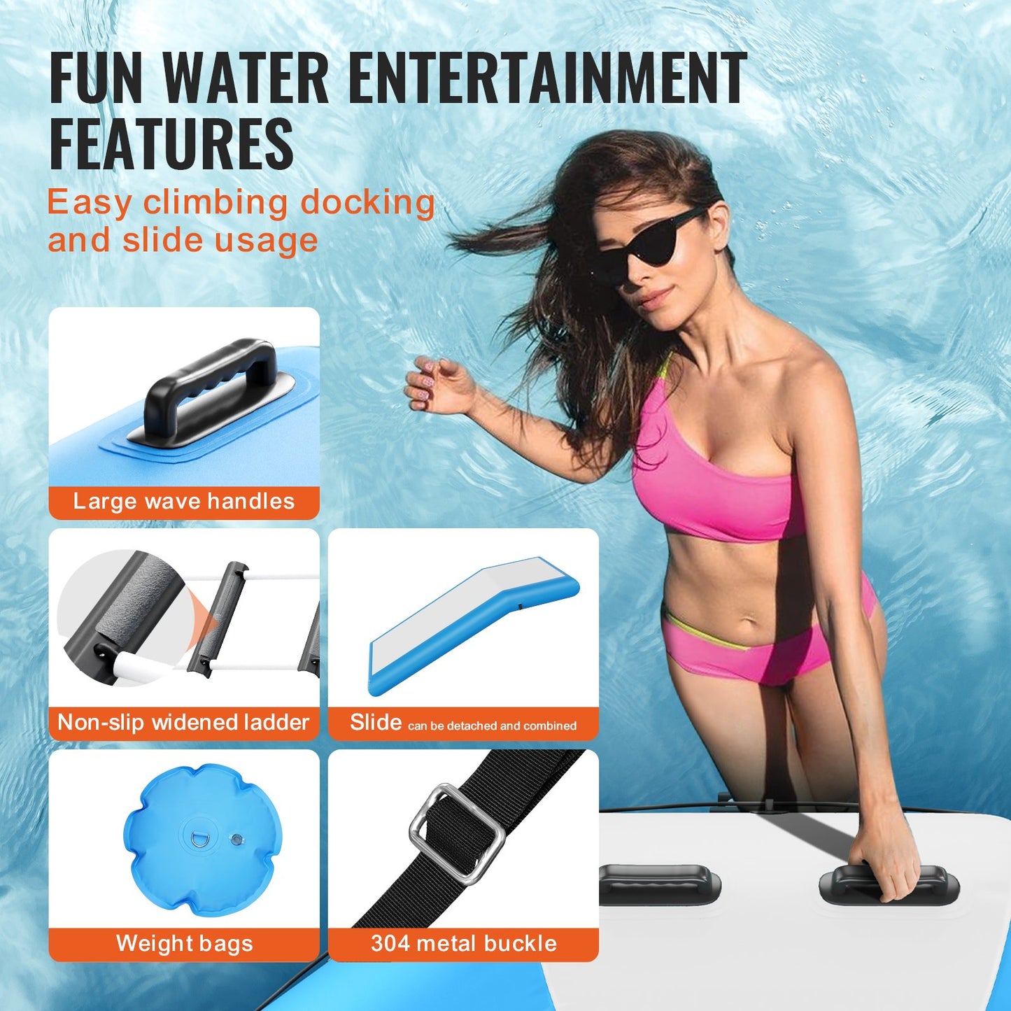 Inflatable Water Bouncer, 10ft Recreational Water Trampoline, Portable Bounce Swim Platform with Slide, 3-Step Ladder & Electric Air Pump, Kid Adult Floating Rebounder for Pool Lake Water Sports