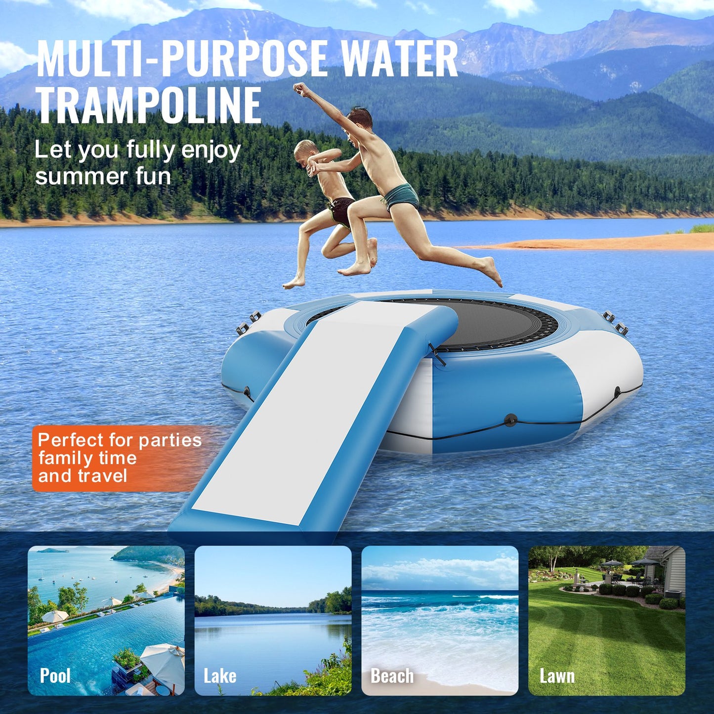 Inflatable Water Bouncer, 10ft Recreational Water Trampoline, Portable Bounce Swim Platform with Slide, 3-Step Ladder & Electric Air Pump, Kid Adult Floating Rebounder for Pool Lake Water Sports