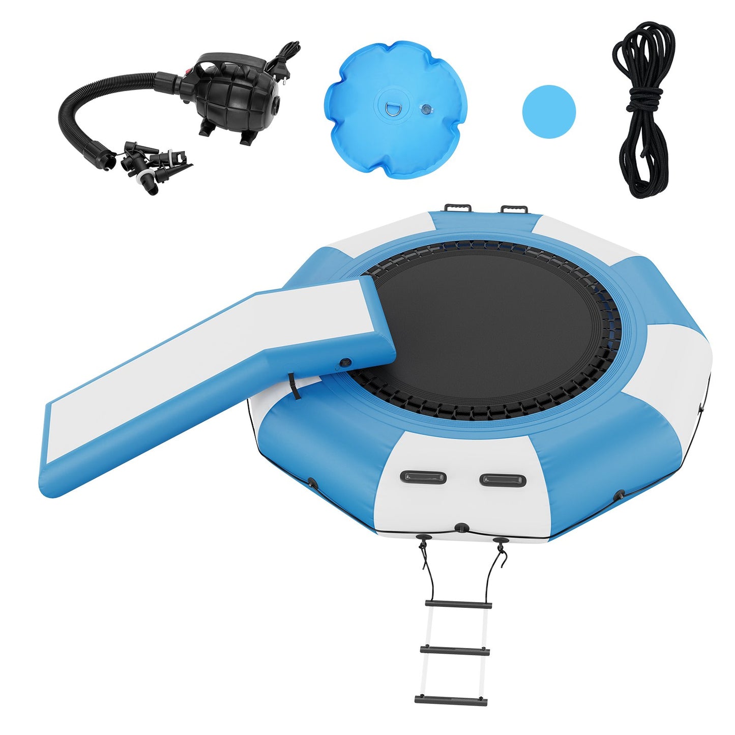 Inflatable Water Bouncer, 10ft Recreational Water Trampoline, Portable Bounce Swim Platform with Slide, 3-Step Ladder & Electric Air Pump, Kid Adult Floating Rebounder for Pool Lake Water Sports